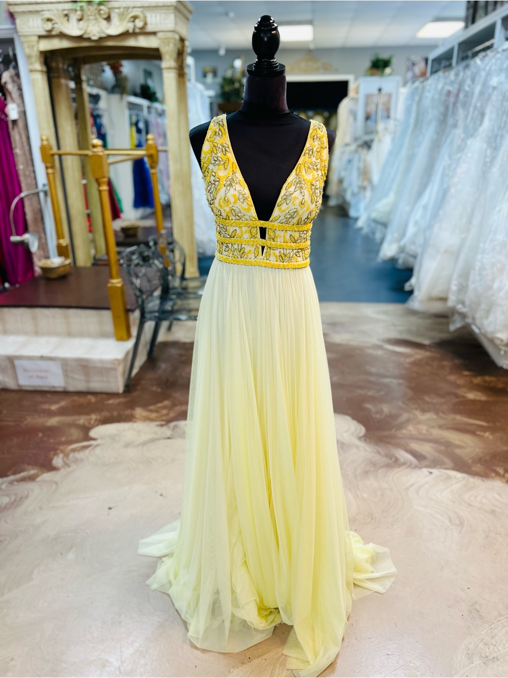 Sherri Hill Lemon Yellow Beaded Deep V Prom Gown